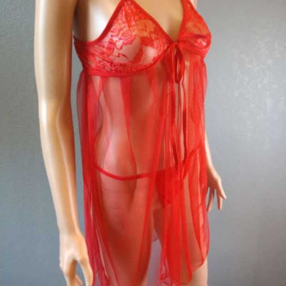 Red Sheer and Lace Baby Doll with G string